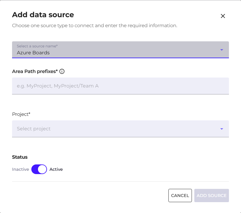 Add data sources window with the Azure Boards type selected and the Area Path prefixes field