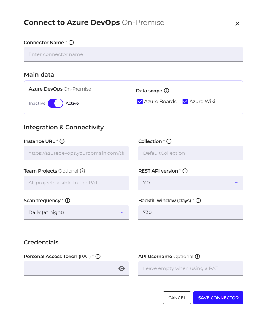 Azure DevOps integration card with connection fields and data scope