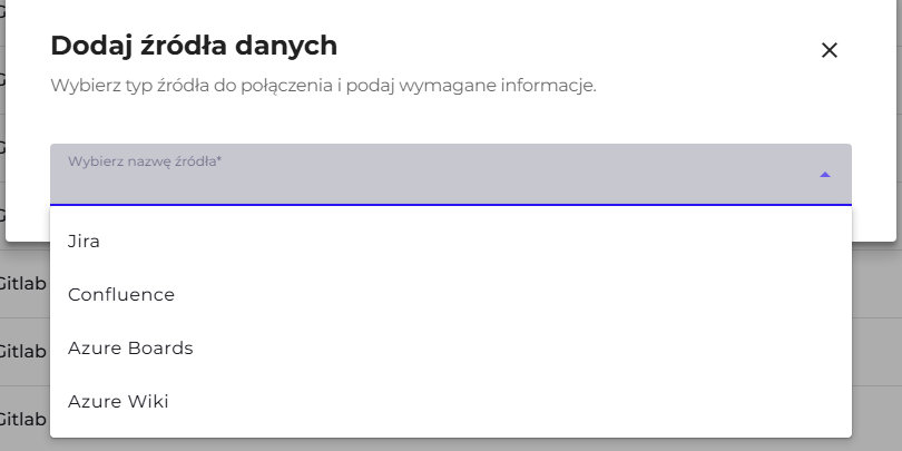 Source name selection list in the add data source window with Azure Boards and Azure Wiki entries