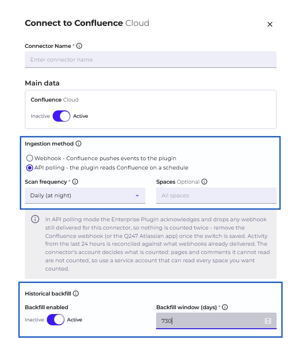 Confluence connector form with the ingestion method set to API polling and the scan frequency and spaces fields