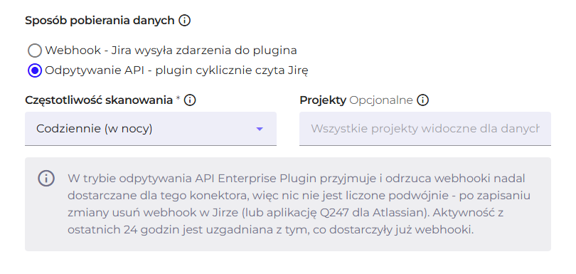 Jira connector data retrieval method section with the API polling mode and scan frequency selected