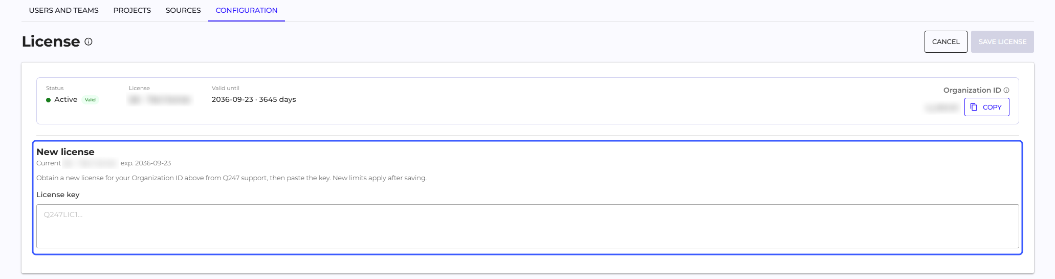 The New license editor with an empty License key field