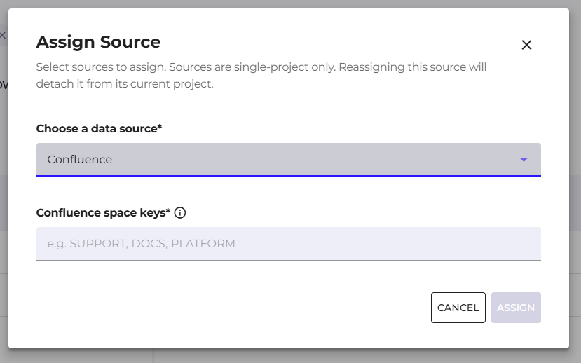 The Assign Source form with Confluence selected