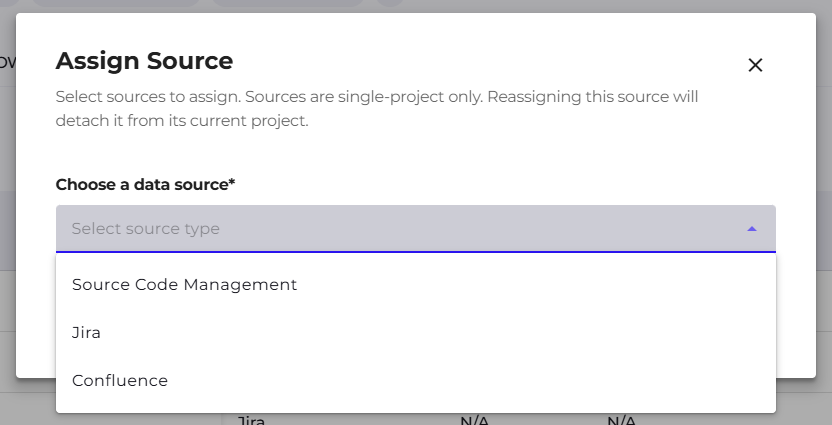 Assign Source form with the source type list expanded