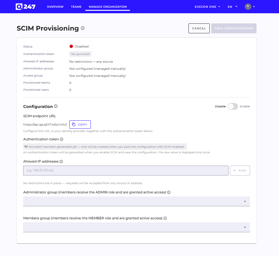 SCIM Provisioning configuration screen in Manage Organization
