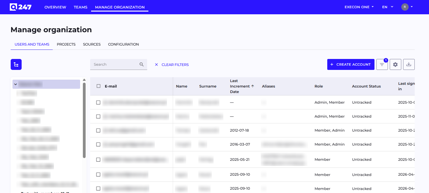 Users table in Manage Organization with the "Untracked" status