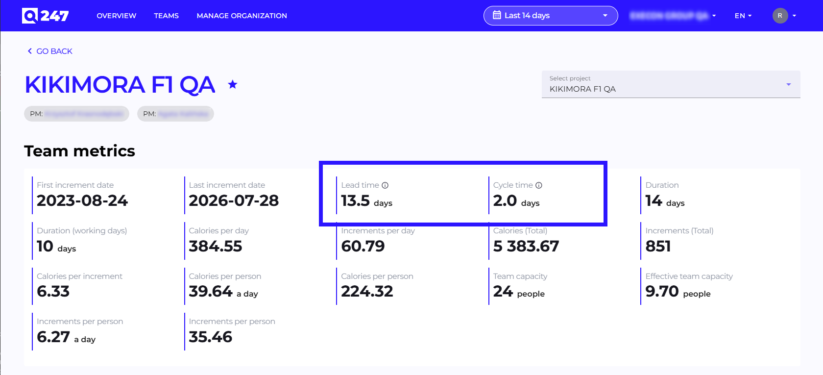 Lead time and cycle time metrics on a project card