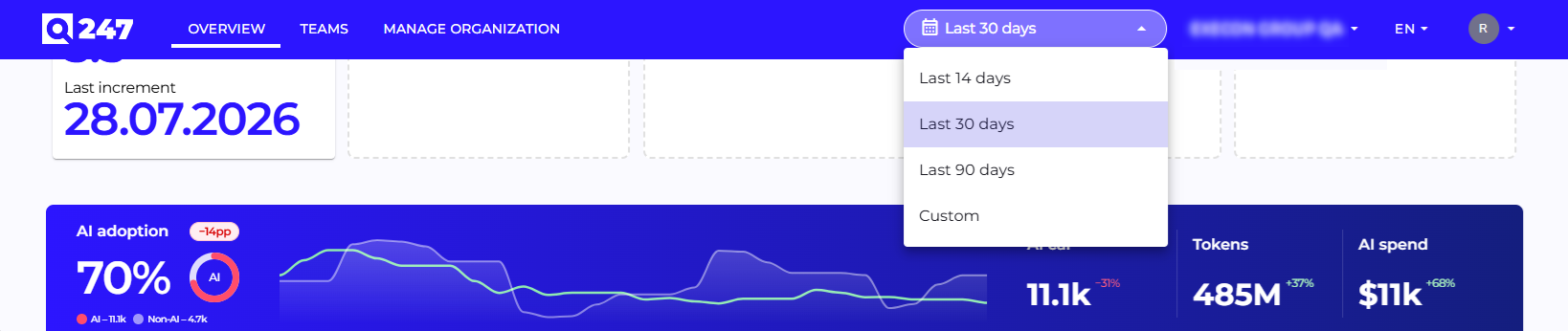 Global date range selector in the top navigation bar