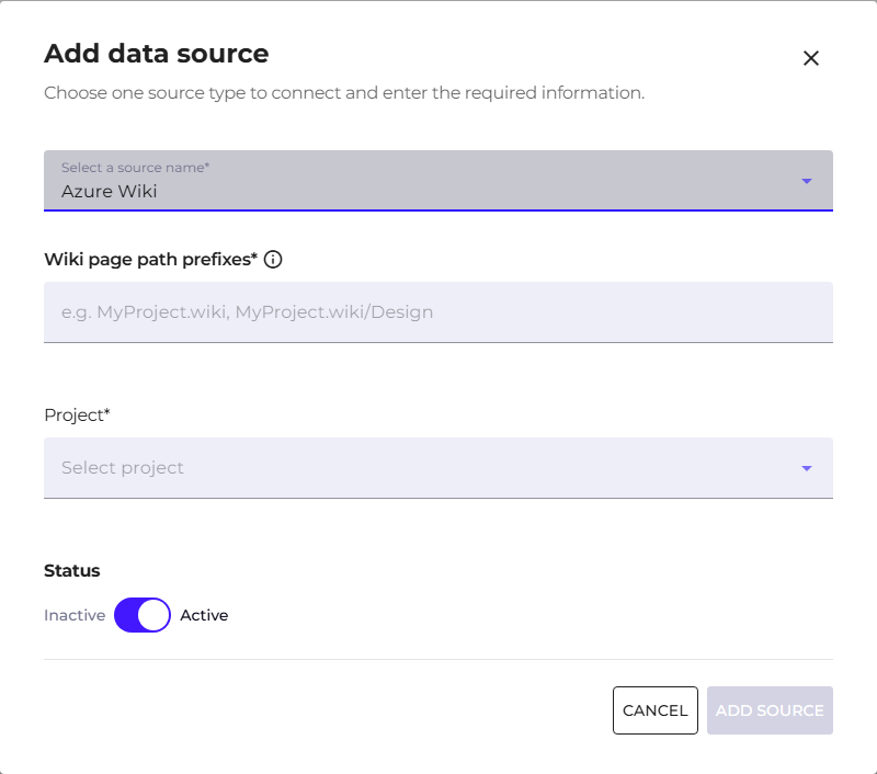 Okno Dodaj źródła danych z wybranym typem Azure Wiki i polem prefiksów ścieżek stron