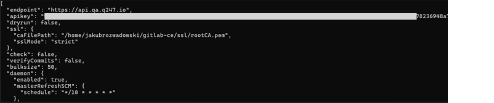 Fragment pliku config.cfg z sekcją ssl w głównym obiekcie JSON