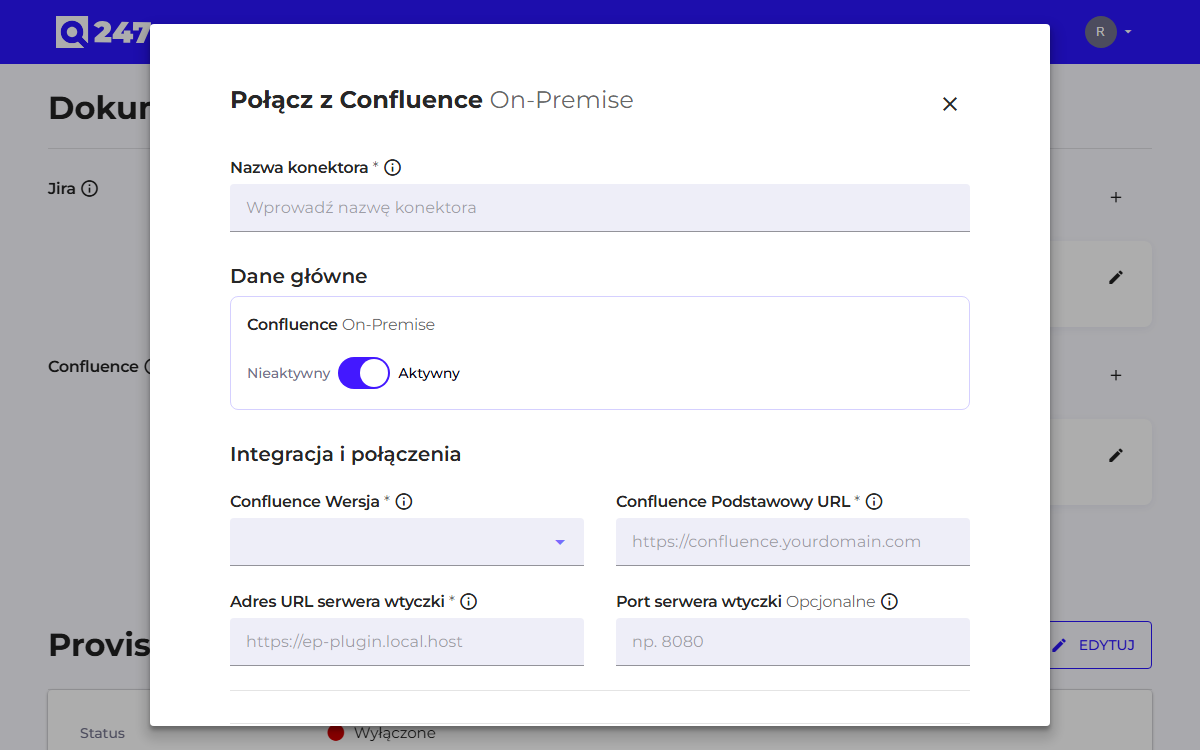 Formularz konektora Confluence On-Premise
