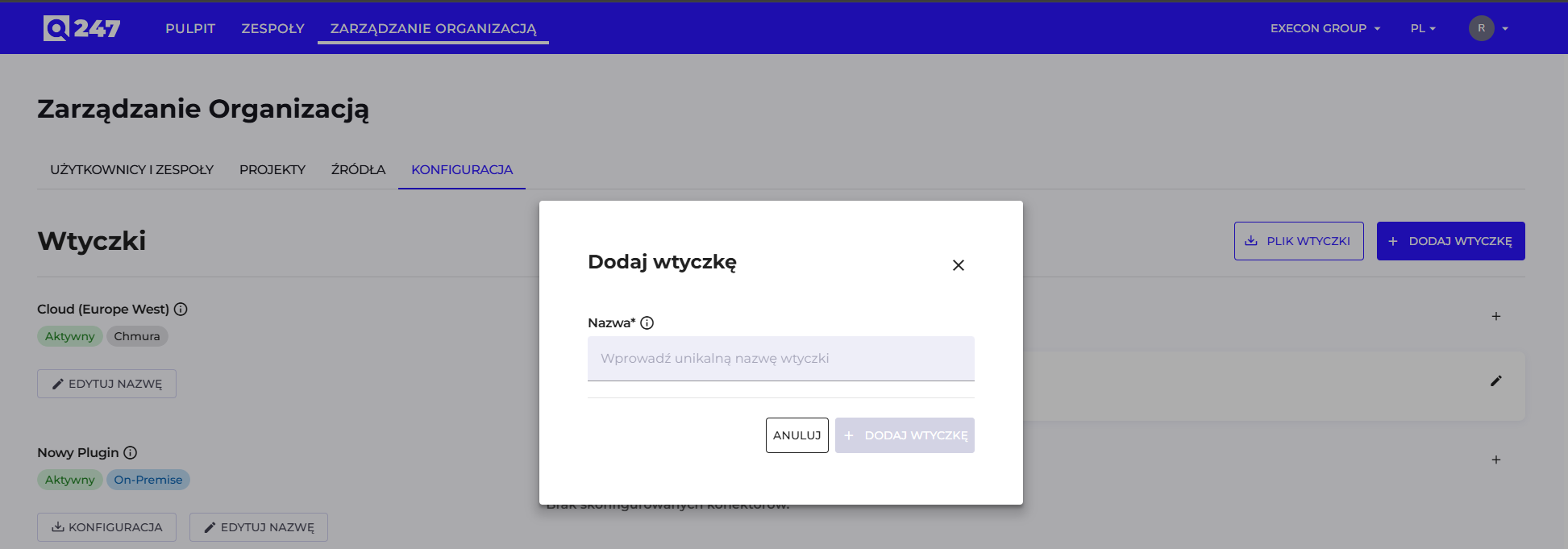 Formularz dodawania wtyczki z polem nazwy