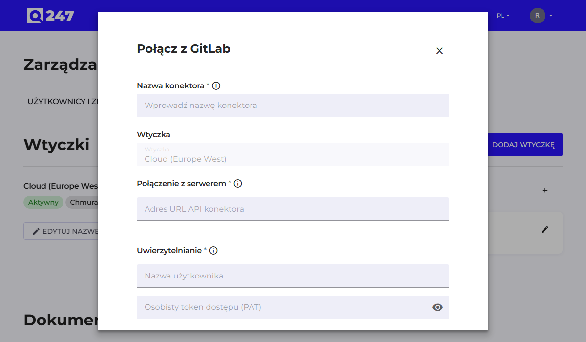 Przykładowy formularz konektora (GitLab)