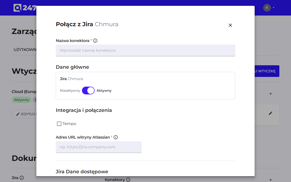 Formularz konektora Jira Chmura
