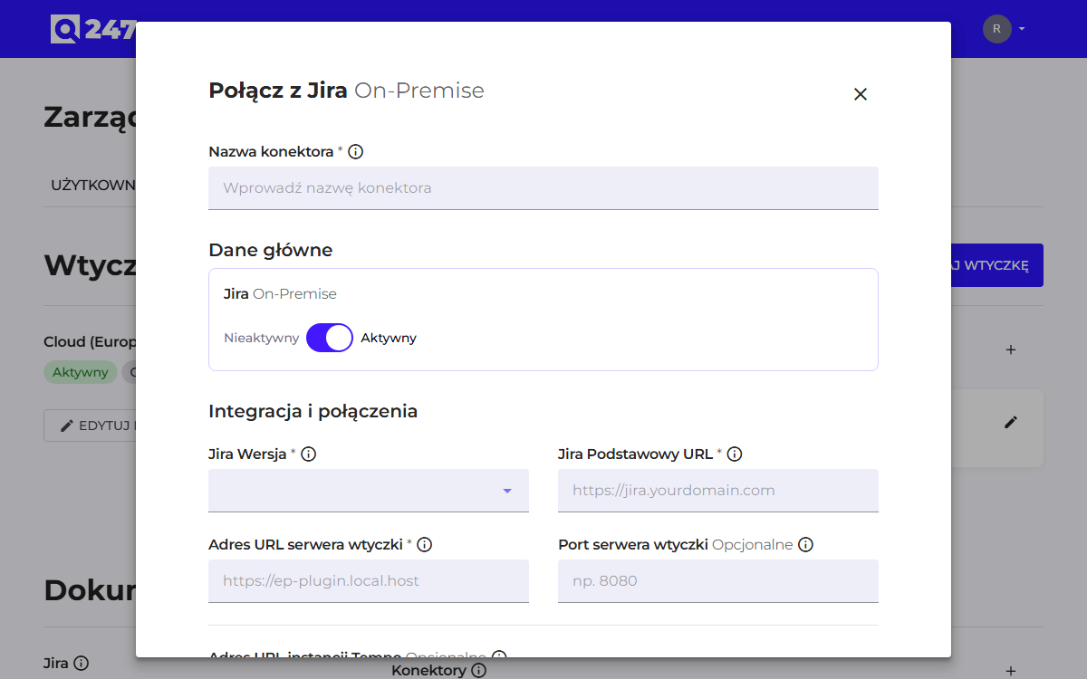 Formularz konektora Jira On-Premise
