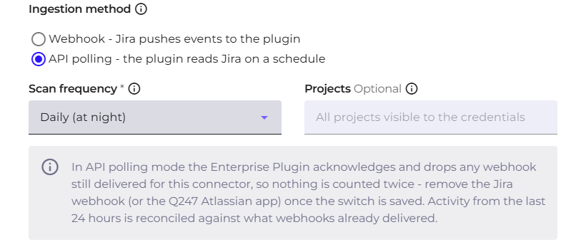 Formularz konektora Jira w trybie odpytywania API