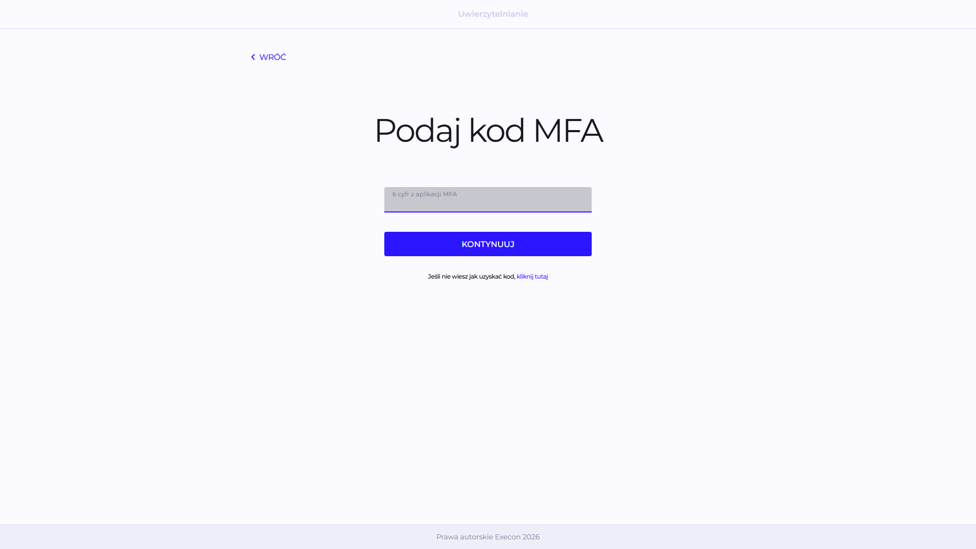 Ekran wprowadzania kodu MFA