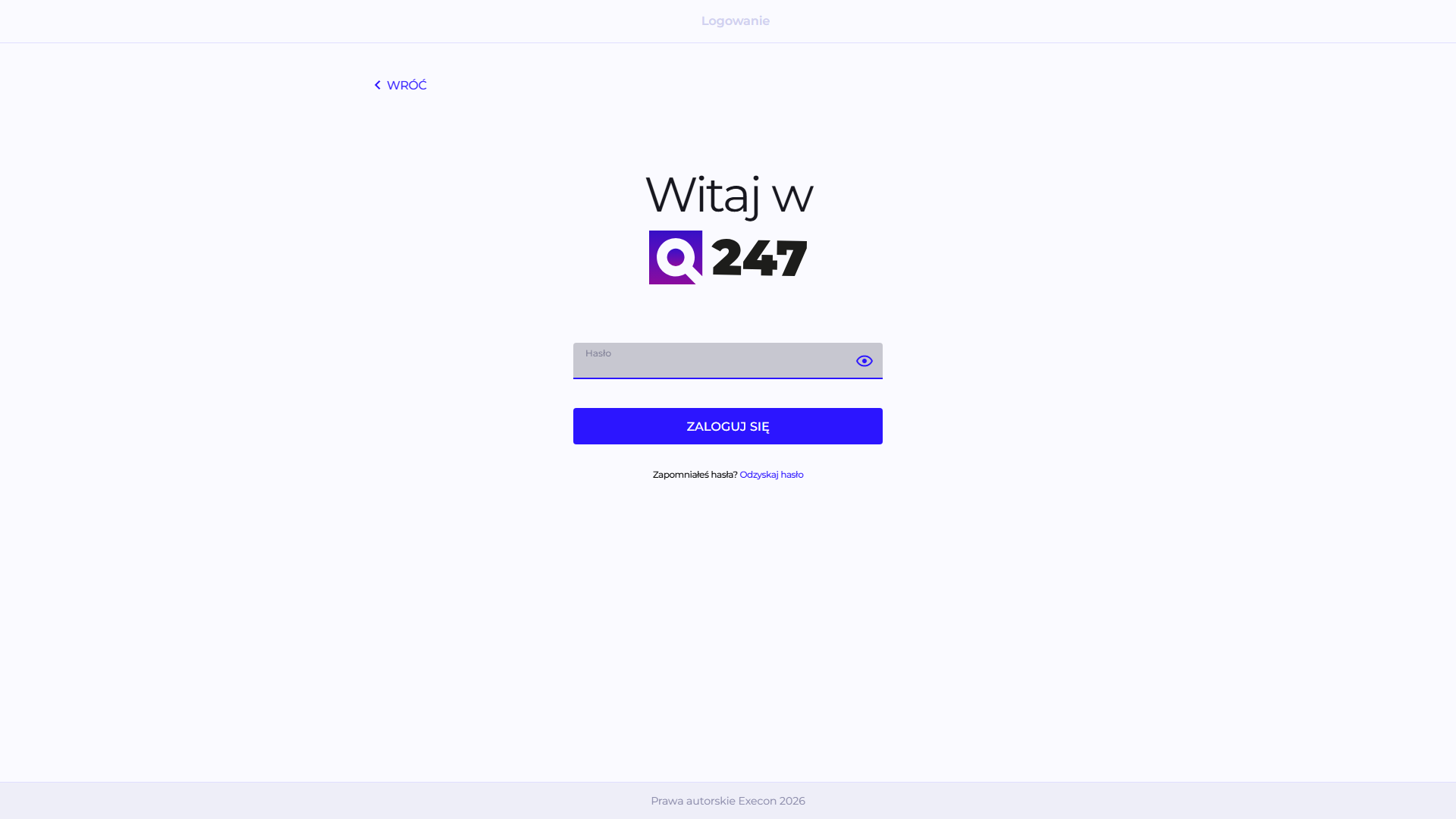 Ekran wprowadzania hasła