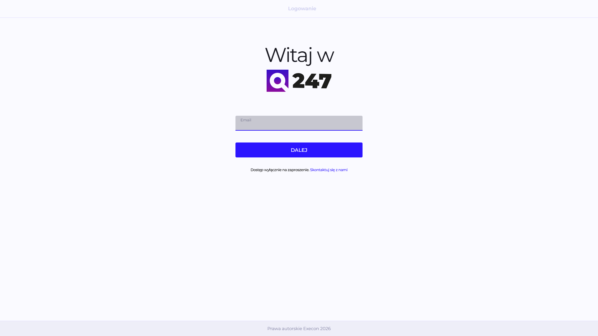 Ekran powitalny logowania z polem e-mail