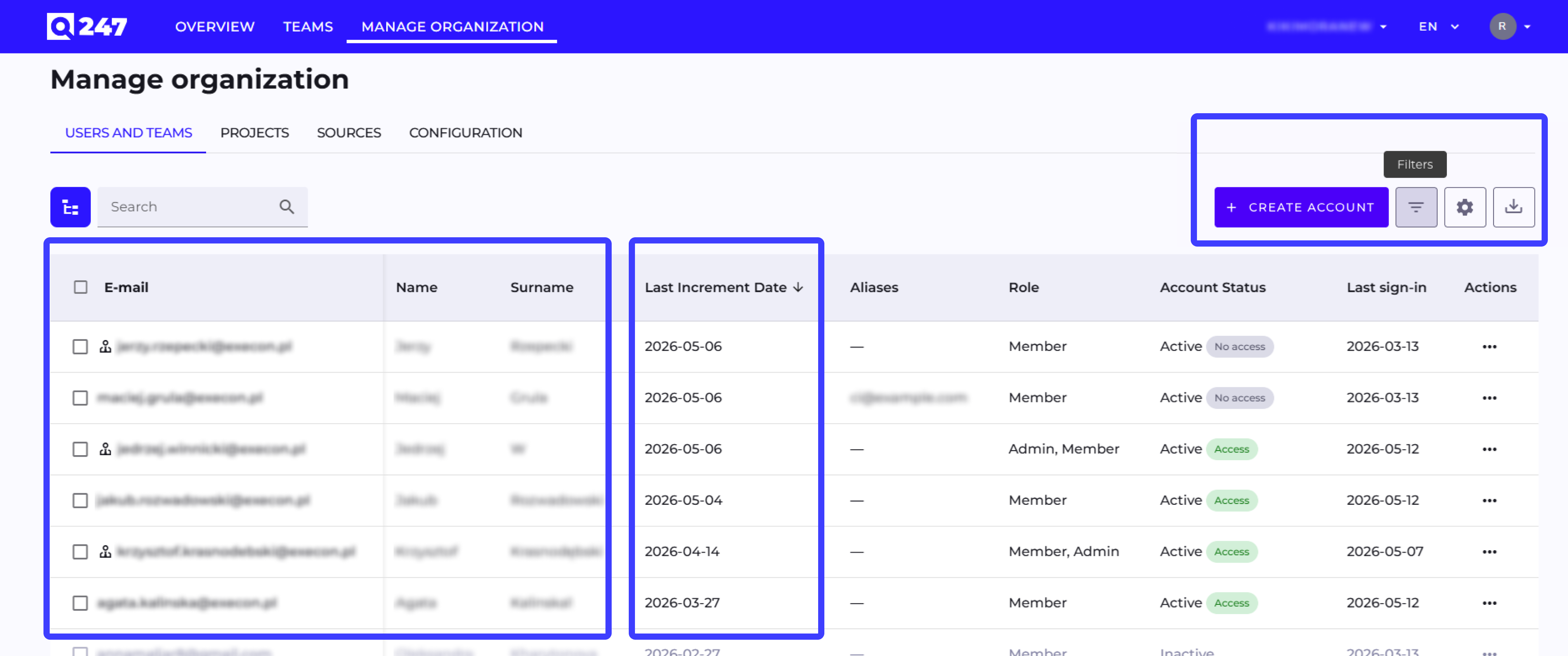 Kolumna Last Increment Date w widoku Users