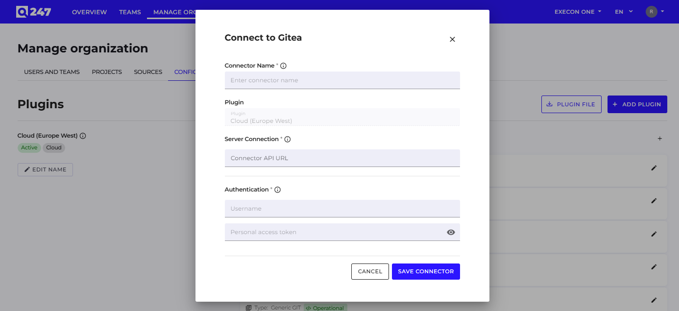Modal dodawania źródła Gitea w Manage Organization → Sources z polem na token