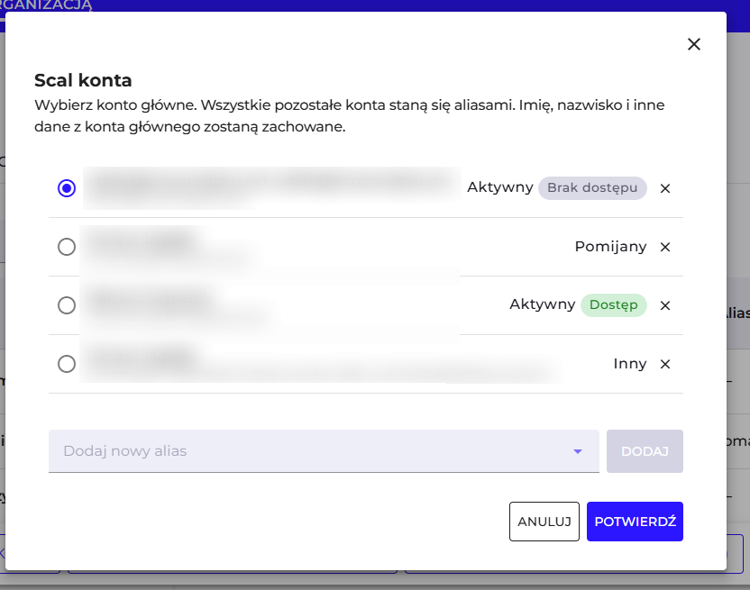 Modal Scal konta z wyborem konta głównego