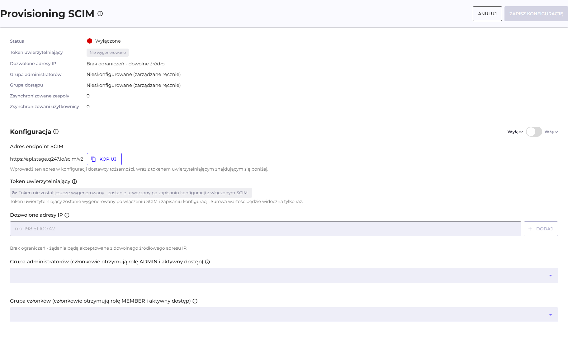 Sekcja Provisioning SCIM w trybie edycji: panel statusu i formularz konfiguracji